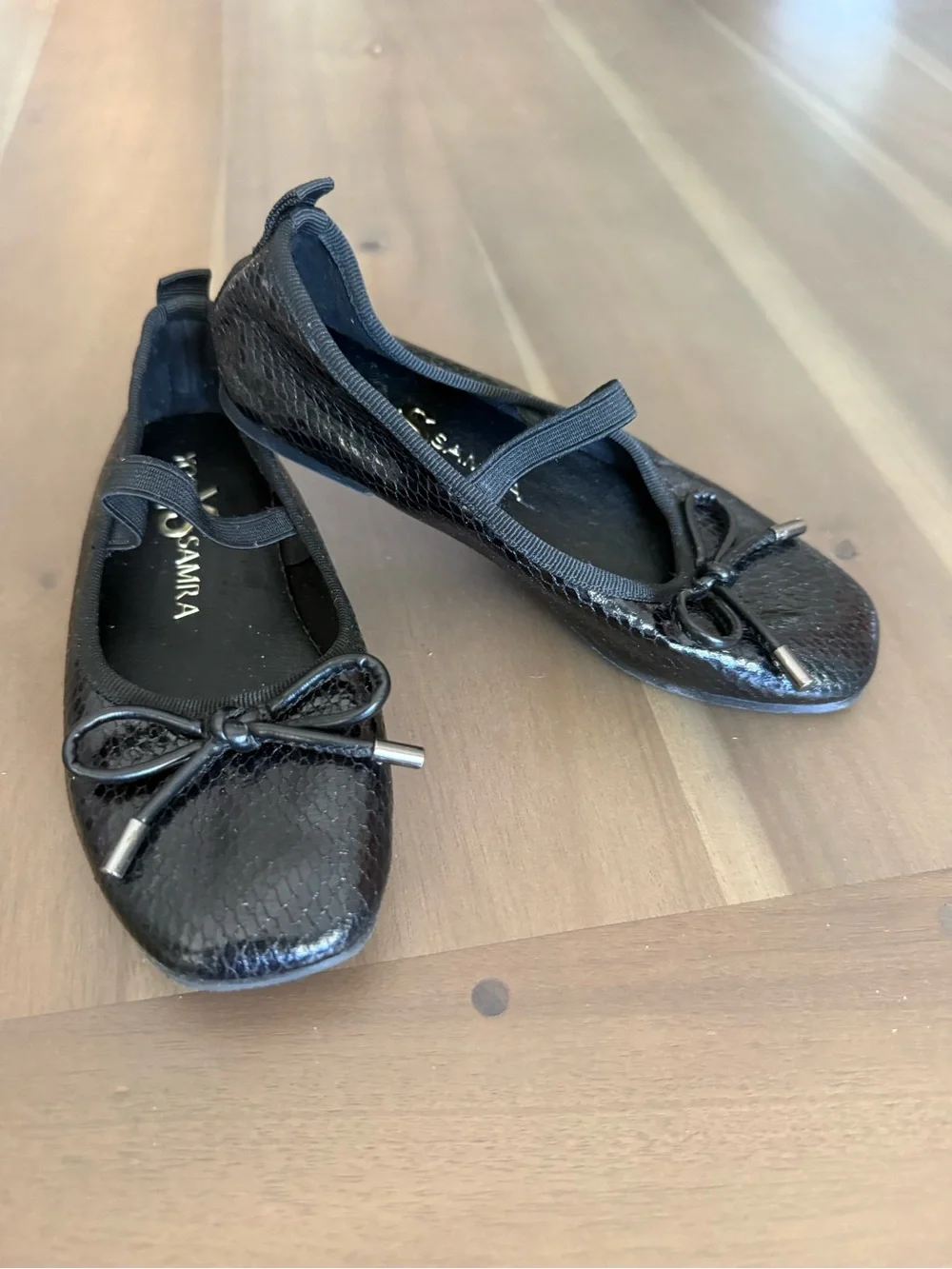 Yosi Samra Black Snake-Texture Ballet Flats with Bow